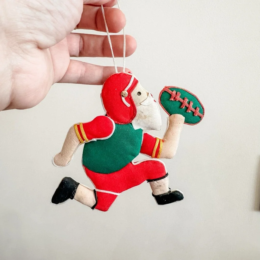 VTG Christmas Ornament Santa Football Player Flat Padded Cardboard 4 1/2
